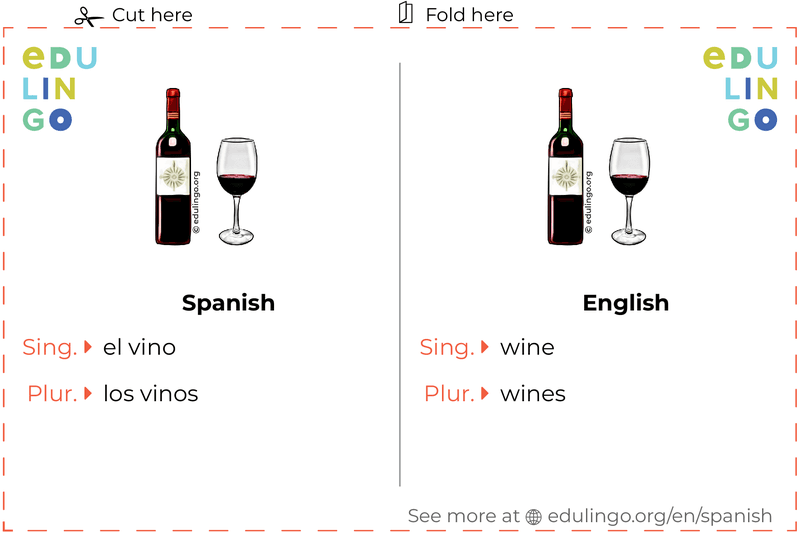 Wine in Spanish vocabulary flashcard for printing, practicing and learning