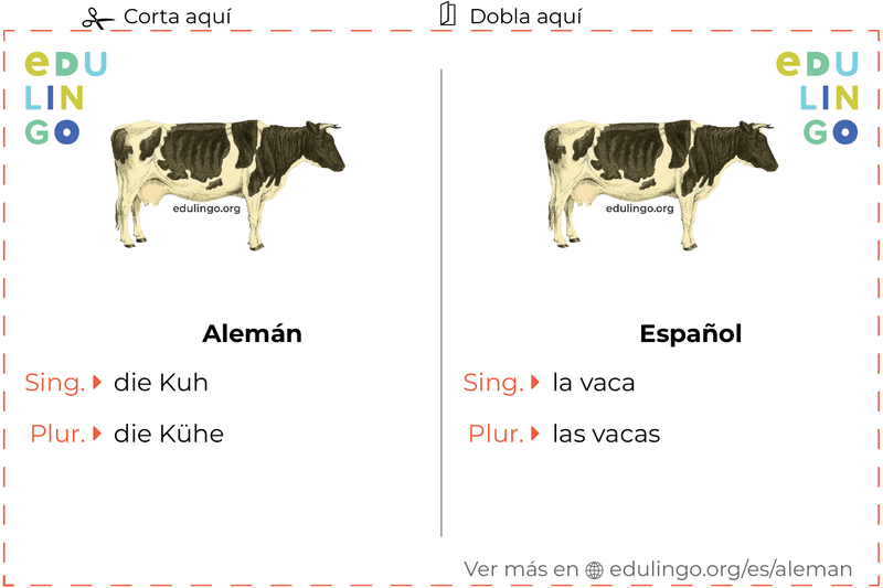 Ficha de Vocabulario Vaca en alemán para imprimir, practicar y aprender