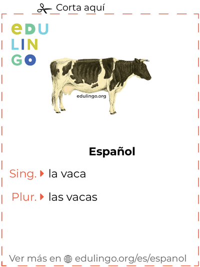 Ficha de Vocabulario Vaca en español para imprimir, practicar y aprender