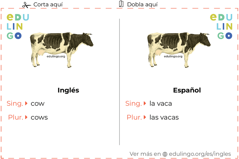 Ficha de Vocabulario Vaca en inglés para imprimir, practicar y aprender