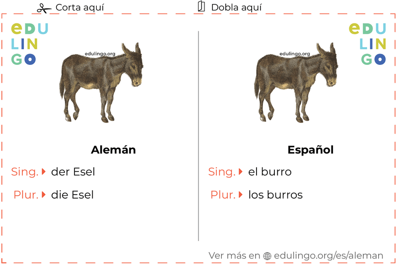 Ficha de Vocabulario Burro en alemán para imprimir, practicar y aprender