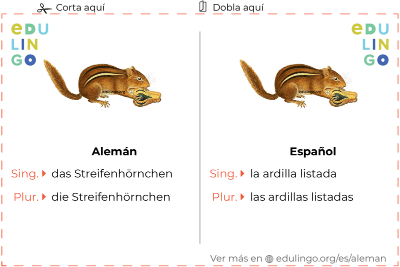 Ficha de Vocabulario Ardilla listada en alemán para imprimir, practicar y aprender