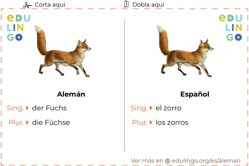 Ficha de Vocabulario Zorro en alemán para imprimir, practicar y aprender
