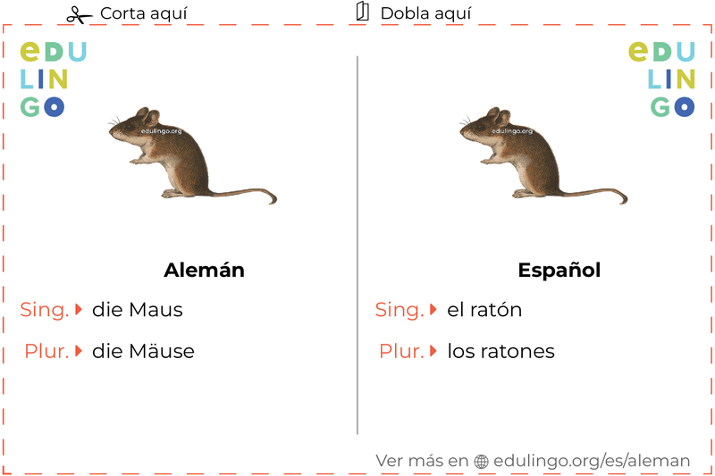 Ficha de Vocabulario Ratón en alemán para imprimir, practicar y aprender