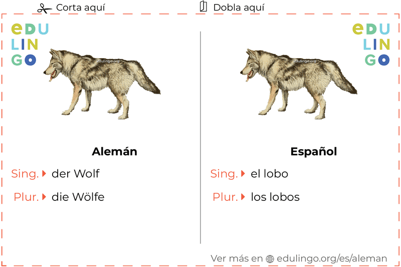 Ficha de Vocabulario Lobo en alemán para imprimir, practicar y aprender