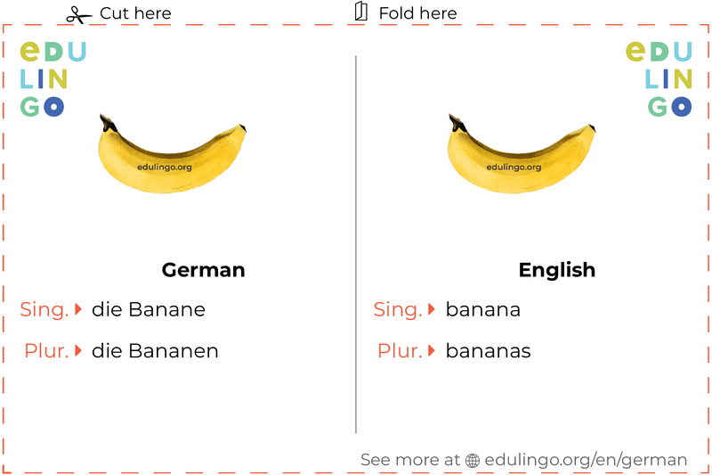 Banana in German vocabulary flashcard for printing, practicing and learning