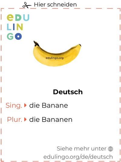 Banane auf Deutsch Vokabelkartei zum Ausdrucken, Üben und Lernen