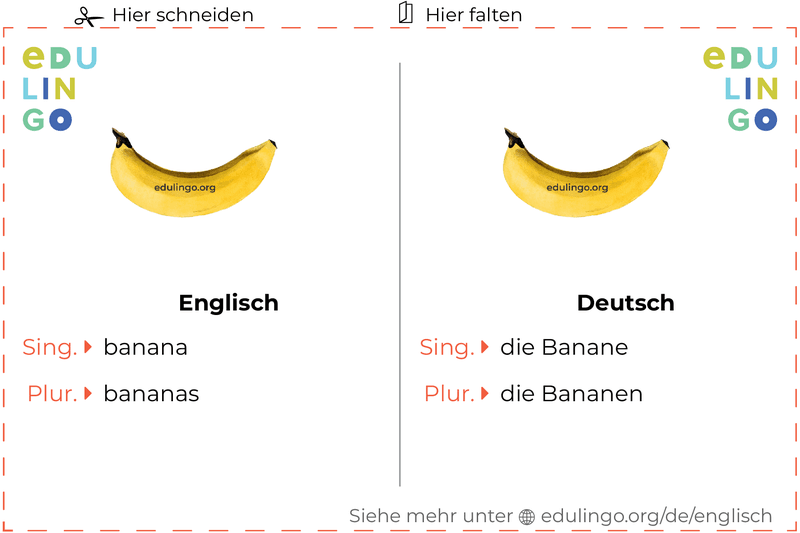 Banane auf Englisch Vokabelkartei zum Ausdrucken, Üben und Lernen