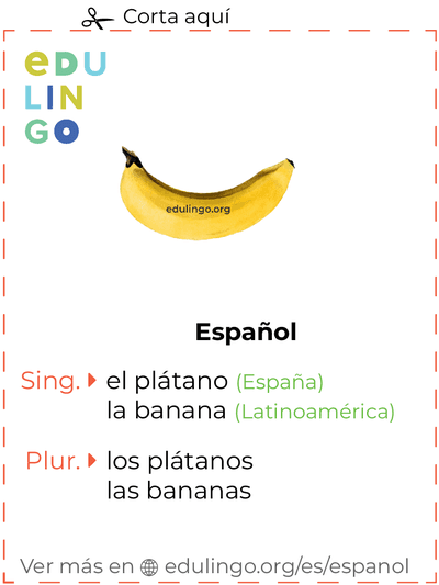 Ficha de Vocabulario Plátano en español para imprimir, practicar y aprender