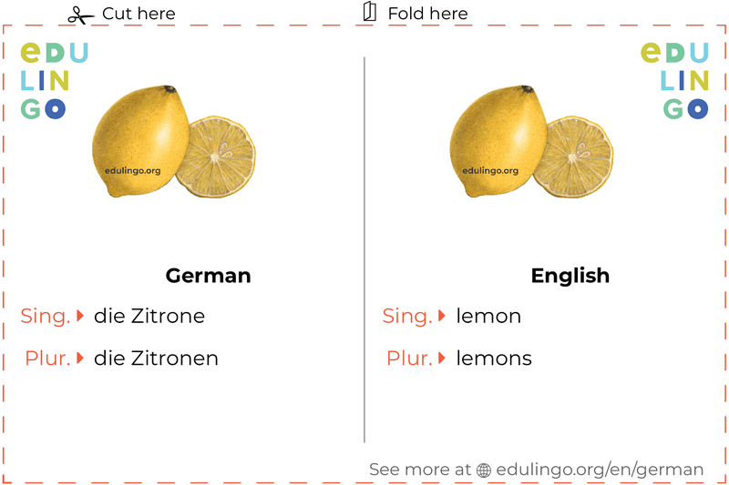 Lemon in German vocabulary flashcard for printing, practicing and learning