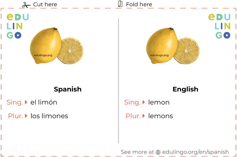 Lemon in Spanish vocabulary flashcard for printing, practicing and learning