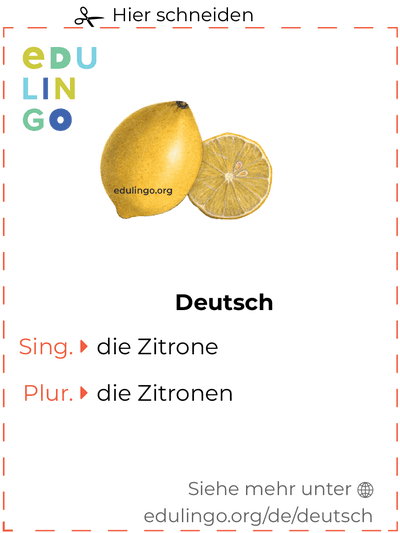 Zitrone auf Deutsch Vokabelkartei zum Ausdrucken, Üben und Lernen