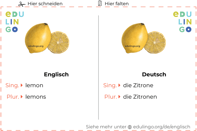 Zitrone auf Englisch Vokabelkartei zum Ausdrucken, Üben und Lernen