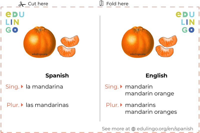 Mandarin in Spanish vocabulary flashcard for printing, practicing and learning