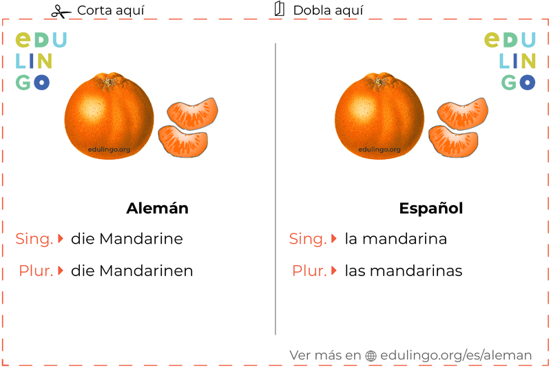 Ficha de Vocabulario Mandarina en alemán para imprimir, practicar y aprender