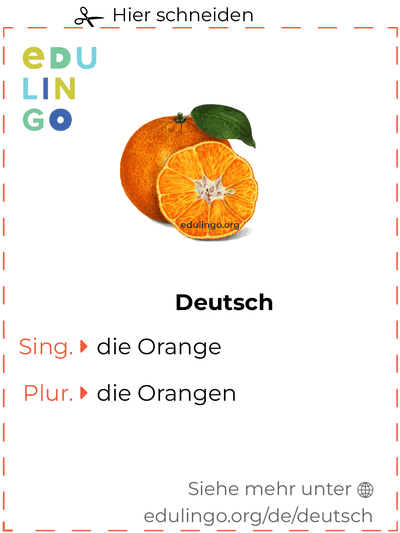 Orange auf Deutsch Vokabelkartei zum Ausdrucken, Üben und Lernen