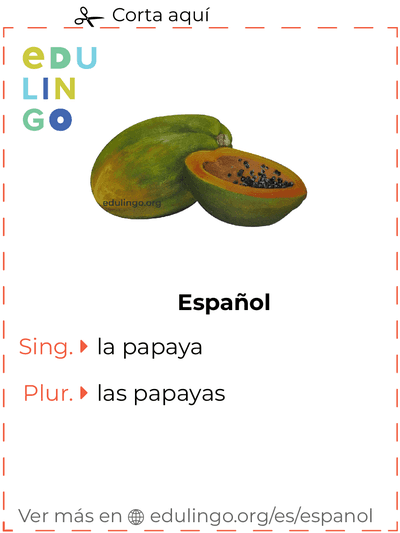 Ficha de Vocabulario Papaya en español para imprimir, practicar y aprender