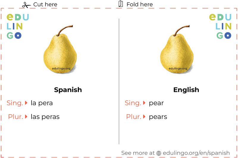 Pear in Spanish vocabulary flashcard for printing, practicing and learning