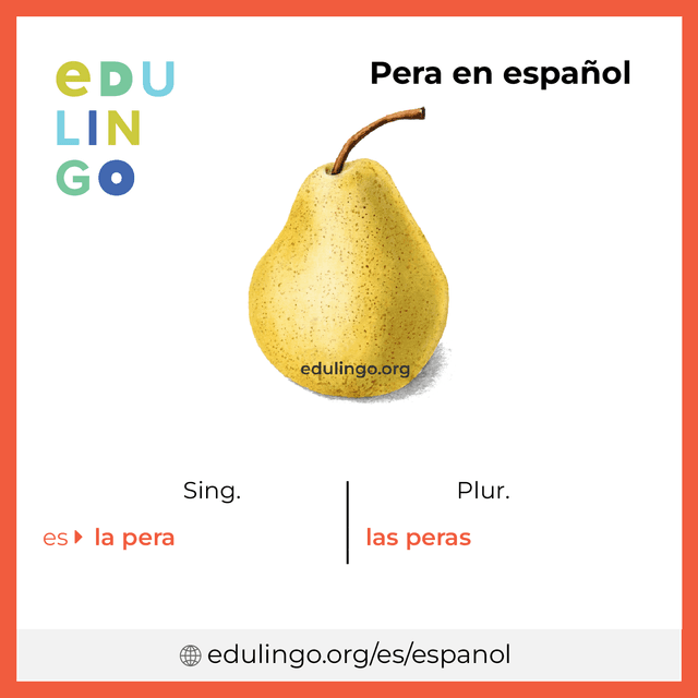 Imagen de vocabulario Pera en español con singular y plural para descargar e imprimir