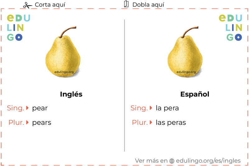 Ficha de Vocabulario Pera en inglés para imprimir, practicar y aprender