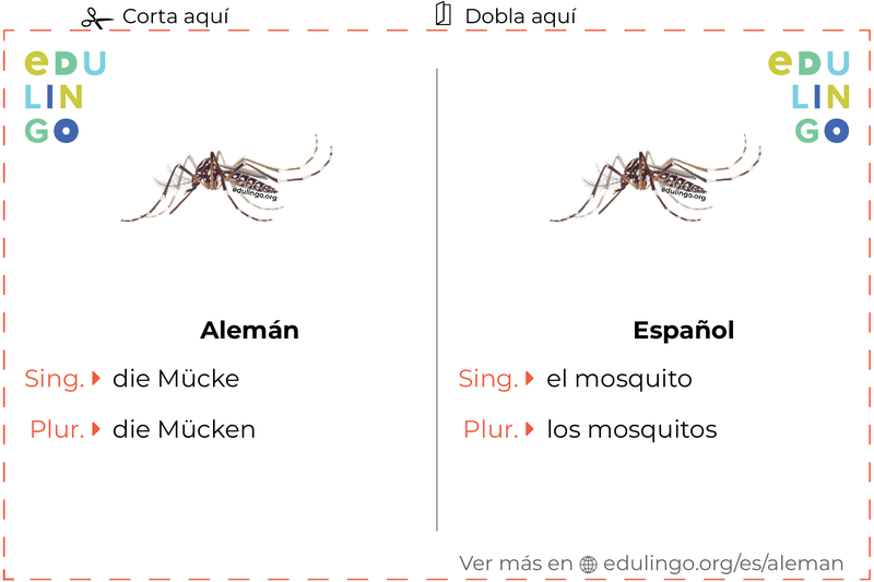 Ficha de Vocabulario Mosquito en alemán para imprimir, practicar y aprender