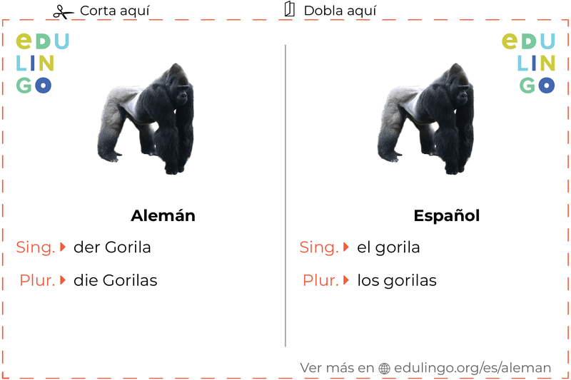 Ficha de Vocabulario Gorila en alemán para imprimir, practicar y aprender