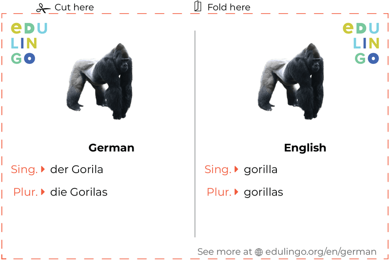 Gorilla in German vocabulary flashcard for printing, practicing and learning