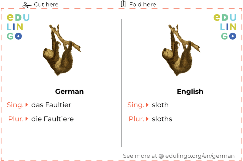Sloth in German vocabulary flashcard for printing, practicing and learning
