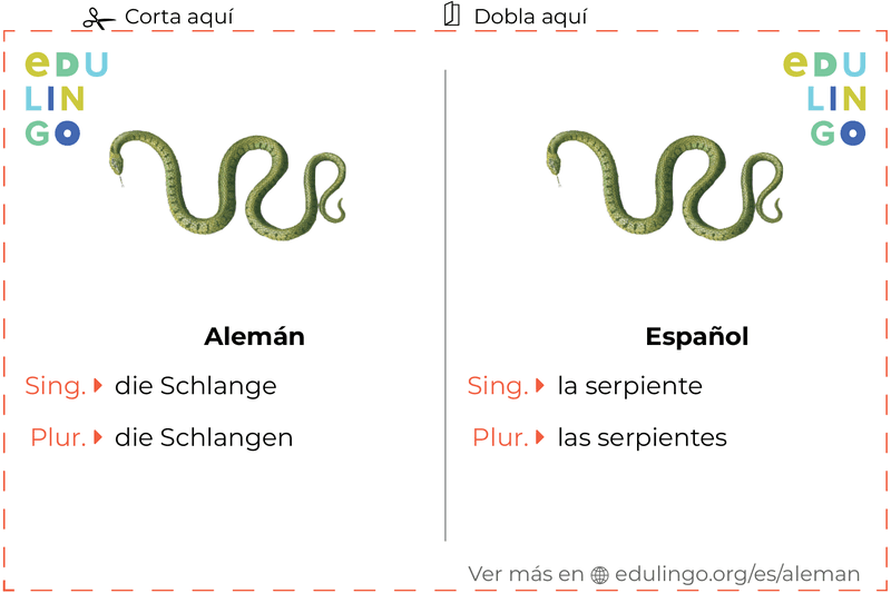 Ficha de Vocabulario Serpiente en alemán para imprimir, practicar y aprender