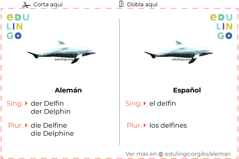 Ficha de Vocabulario Delfín en alemán para imprimir, practicar y aprender