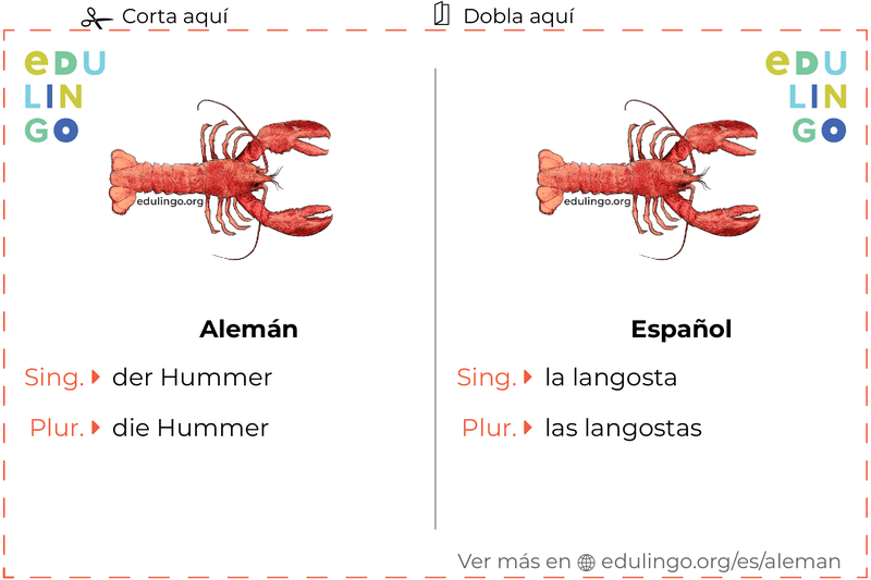 Ficha de Vocabulario Langosta en alemán para imprimir, practicar y aprender