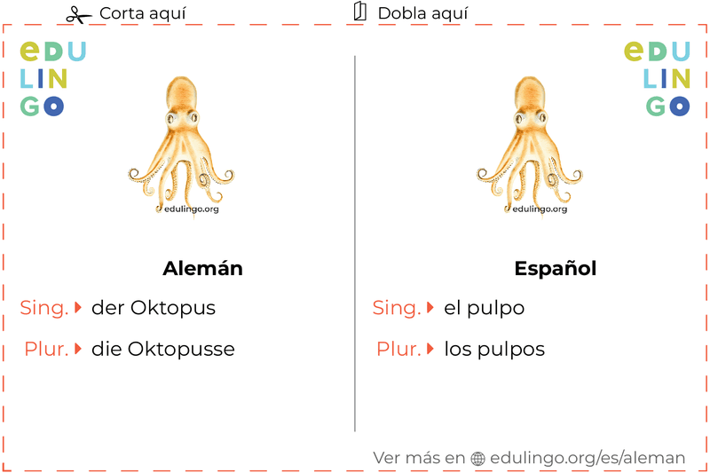 Ficha de Vocabulario Pulpo en alemán para imprimir, practicar y aprender
