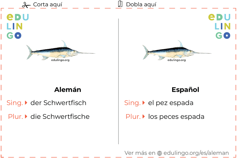 Ficha de Vocabulario Pez espada en alemán para imprimir, practicar y aprender