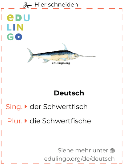 Schwertfisch auf Deutsch Vokabelkartei zum Ausdrucken, Üben und Lernen