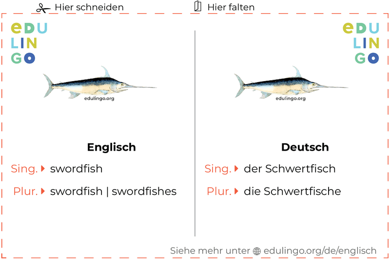 Schwertfisch auf Englisch Vokabelkartei zum Ausdrucken, Üben und Lernen