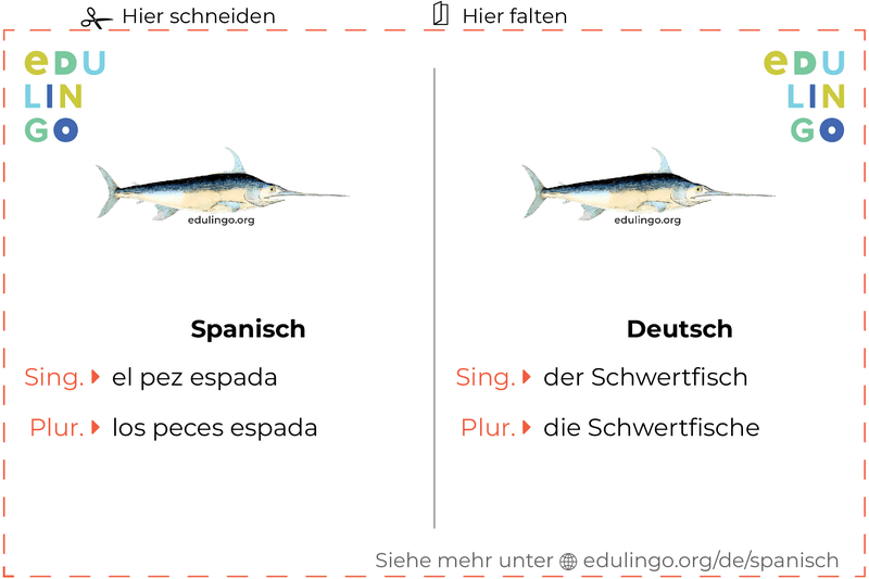 Schwertfisch auf Spanisch Vokabelkartei zum Ausdrucken, Üben und Lernen