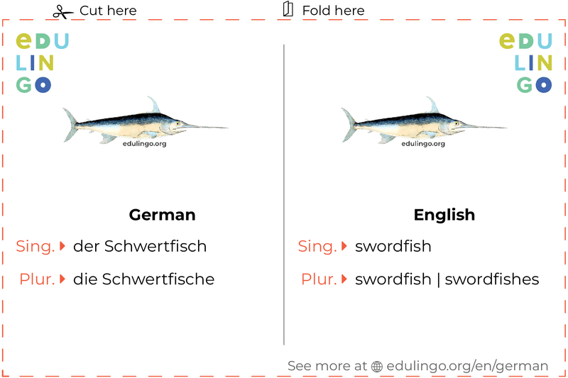 Swordfish in German vocabulary flashcard for printing, practicing and learning