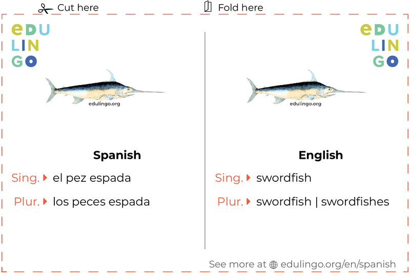 Swordfish in Spanish vocabulary flashcard for printing, practicing and learning