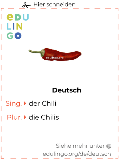 Chili auf Deutsch Vokabelkartei zum Ausdrucken, Üben und Lernen