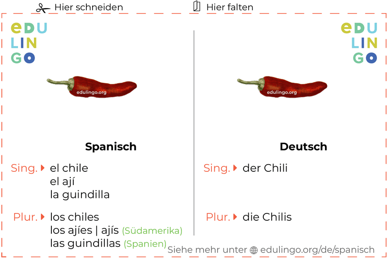 Chili auf Spanisch Vokabelkartei zum Ausdrucken, Üben und Lernen