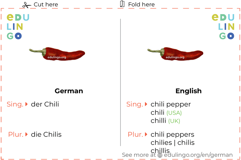 Chili Pepper in German vocabulary flashcard for printing, practicing and learning