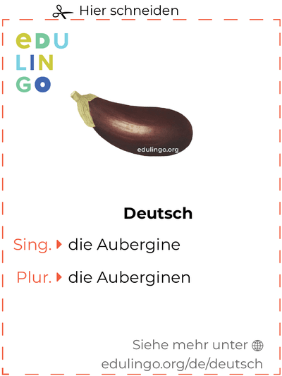 Aubergine auf Deutsch Vokabelkartei zum Ausdrucken, Üben und Lernen