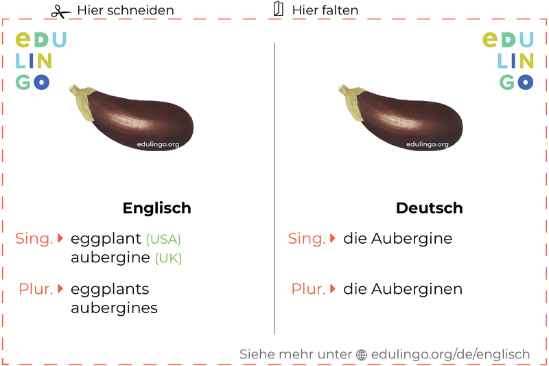 Aubergine auf Englisch Vokabelkartei zum Ausdrucken, Üben und Lernen