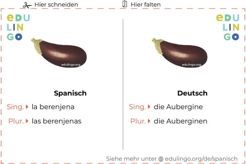 Aubergine auf Spanisch Vokabelkartei zum Ausdrucken, Üben und Lernen