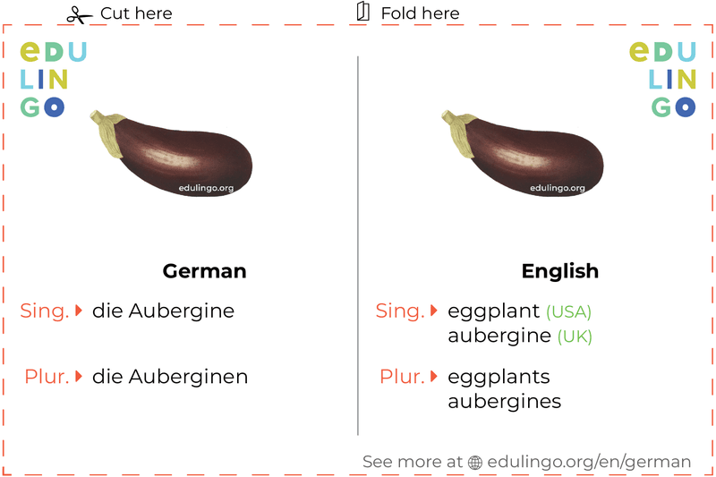 Eggplant in German vocabulary flashcard for printing, practicing and learning