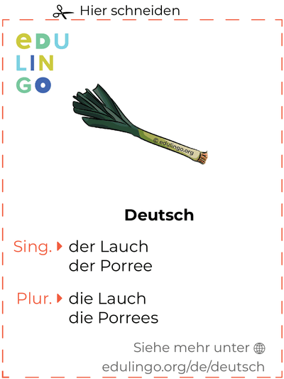 Lauch auf Deutsch Vokabelkartei zum Ausdrucken, Üben und Lernen