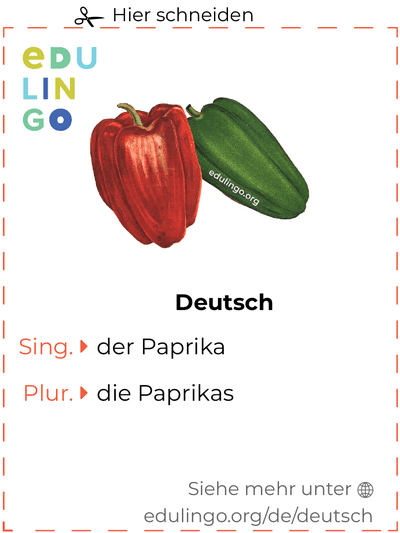 Paprika auf Deutsch Vokabelkartei zum Ausdrucken, Üben und Lernen
